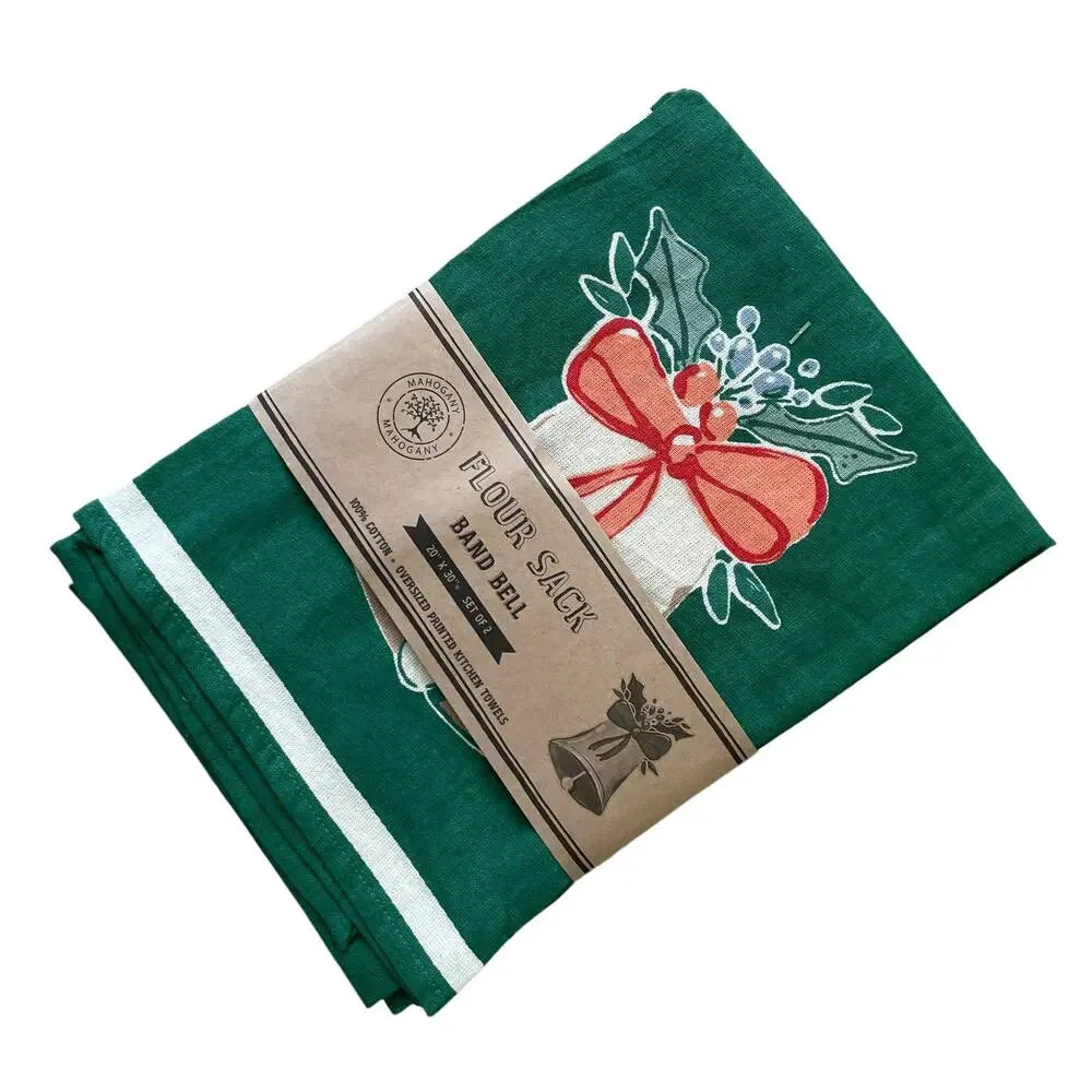 MAHOGANY Set of 2 Holiday Jingle Bell Flour Sack Kitchen Towels Christmas Green